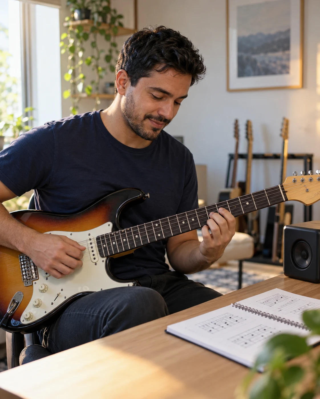 Imagem ilustrativa de guitarrista aplicando escalas com concentração no instrumento